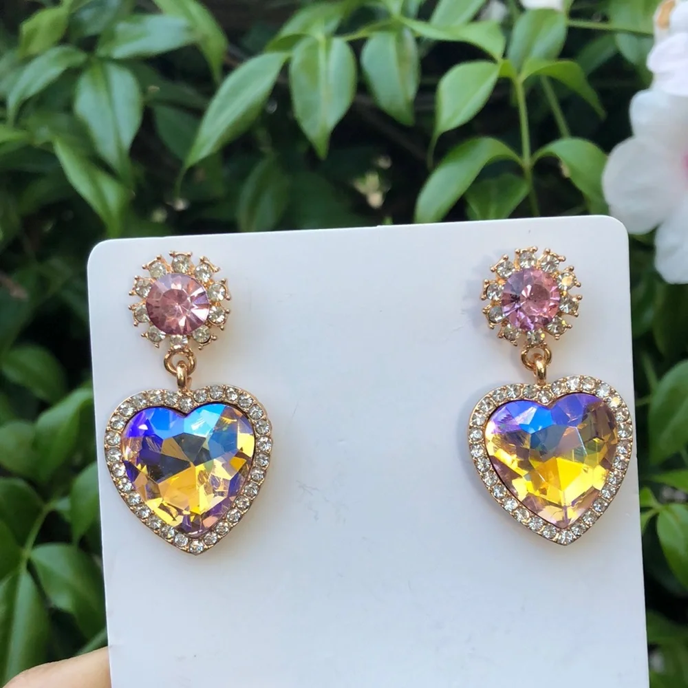 Pink + Purple Crystal Heart Halo Drop Earrings